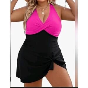 Women's Plus Size Swim Dress Tummy Control Swimsuit pink  size XXL Criss Cross
